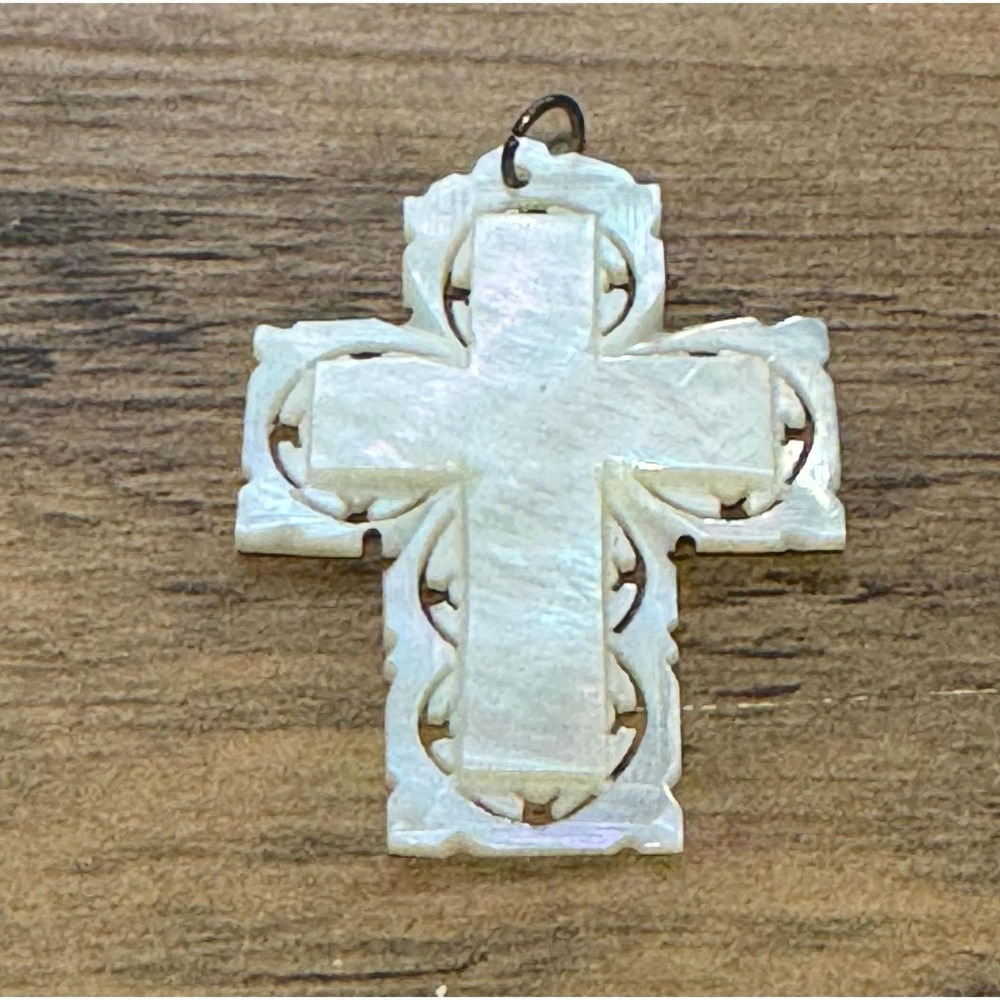 Carved Mother of Pearl Cross Pendant Iridescent